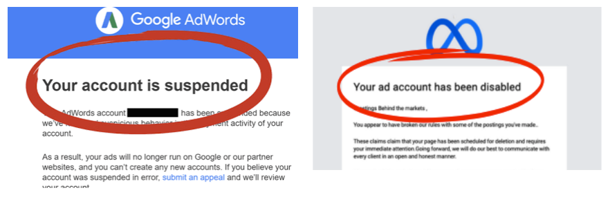 Google AdWords “Your account is suspended” notice and Facebook “Your ad account has been disabled” notice