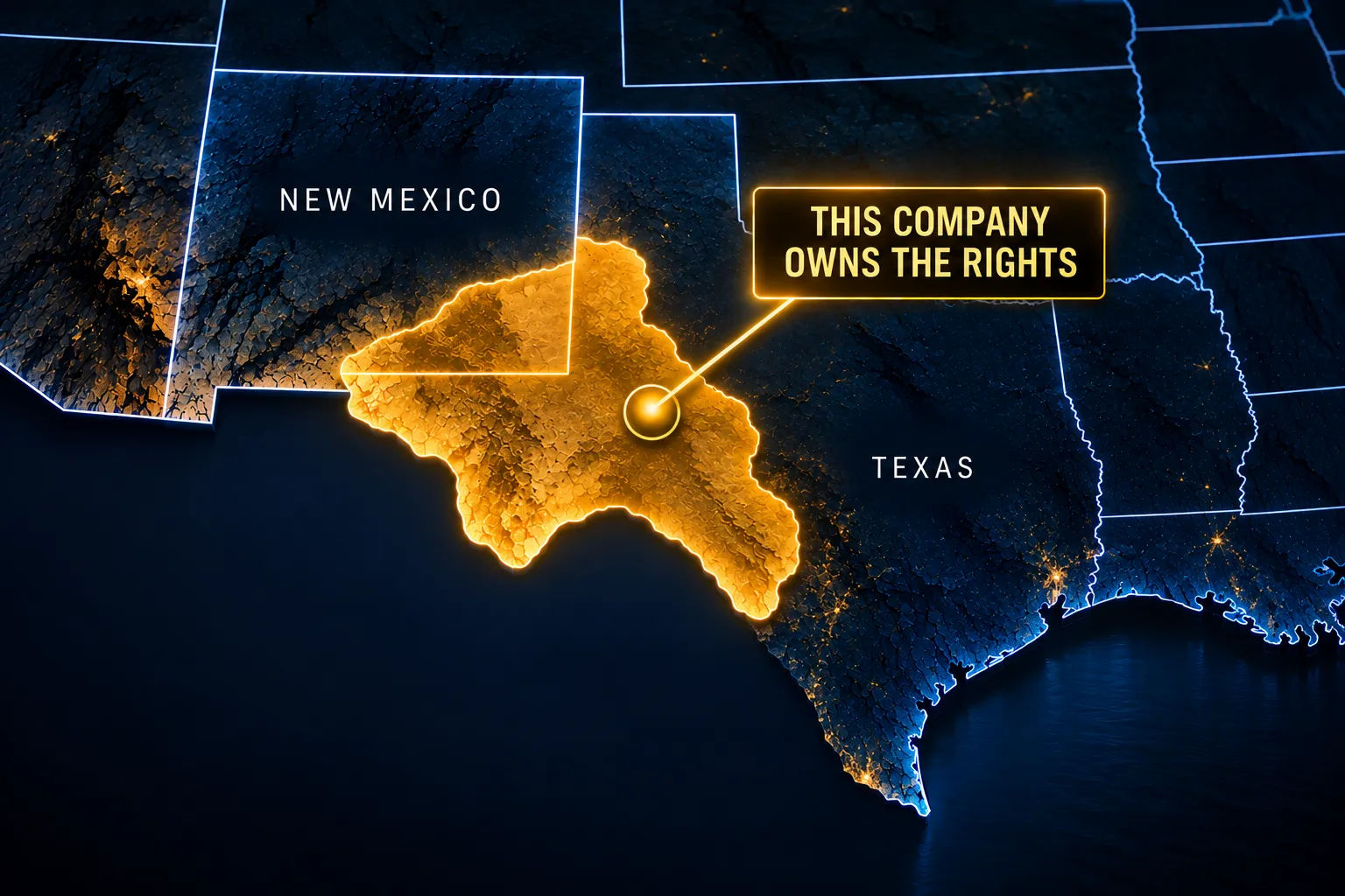 Map of West Texas and New Mexico with the Permian Basin highlighted in gold and the label “This company owns the rights”