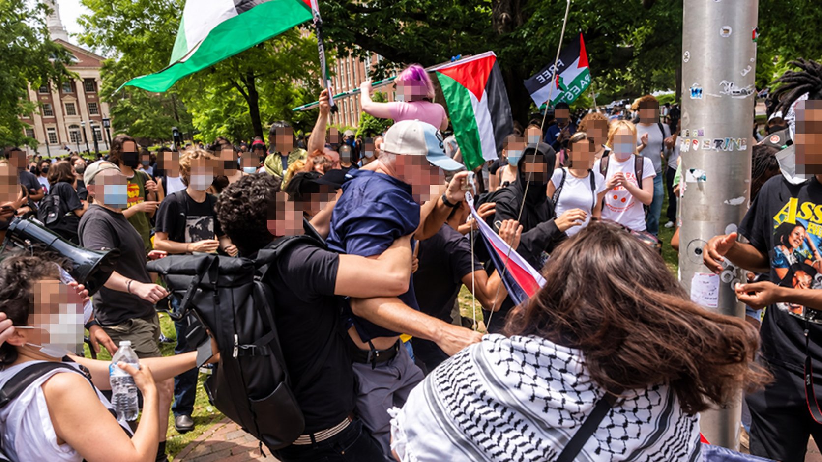 Protesters with Palestinian flags at the flagpole at UNC–Chapel Hill, April 30, 2024