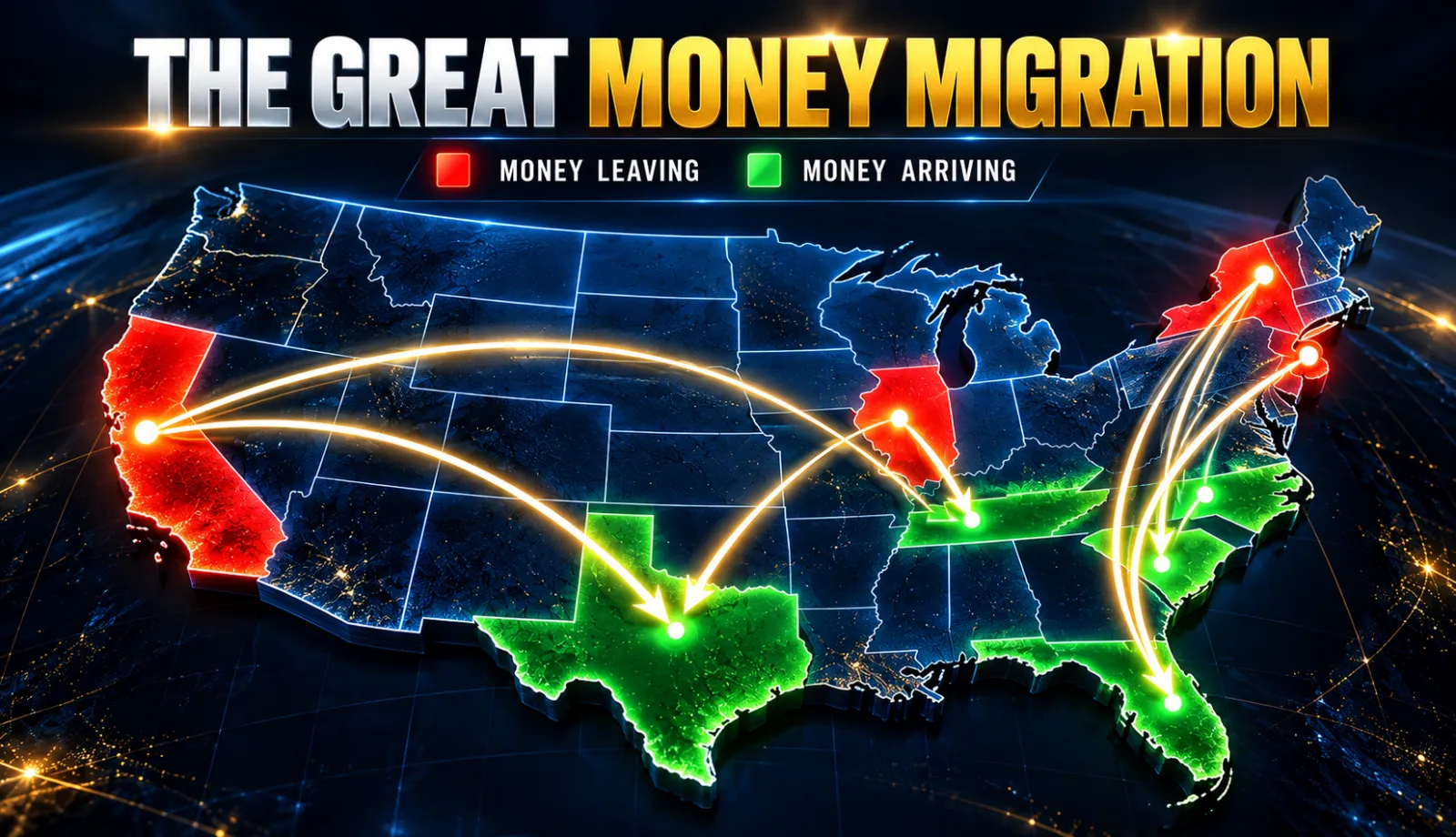 The Great Money Migration: map showing money leaving California, Illinois, New York and New Jersey for Texas, Tennessee, the Carolinas and Florida