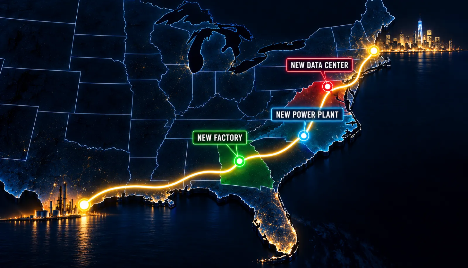 Night map of the eastern United States with a glowing pipeline route from the Texas Gulf Coast to New York City, marking a new factory, new power plant and new data center along the way