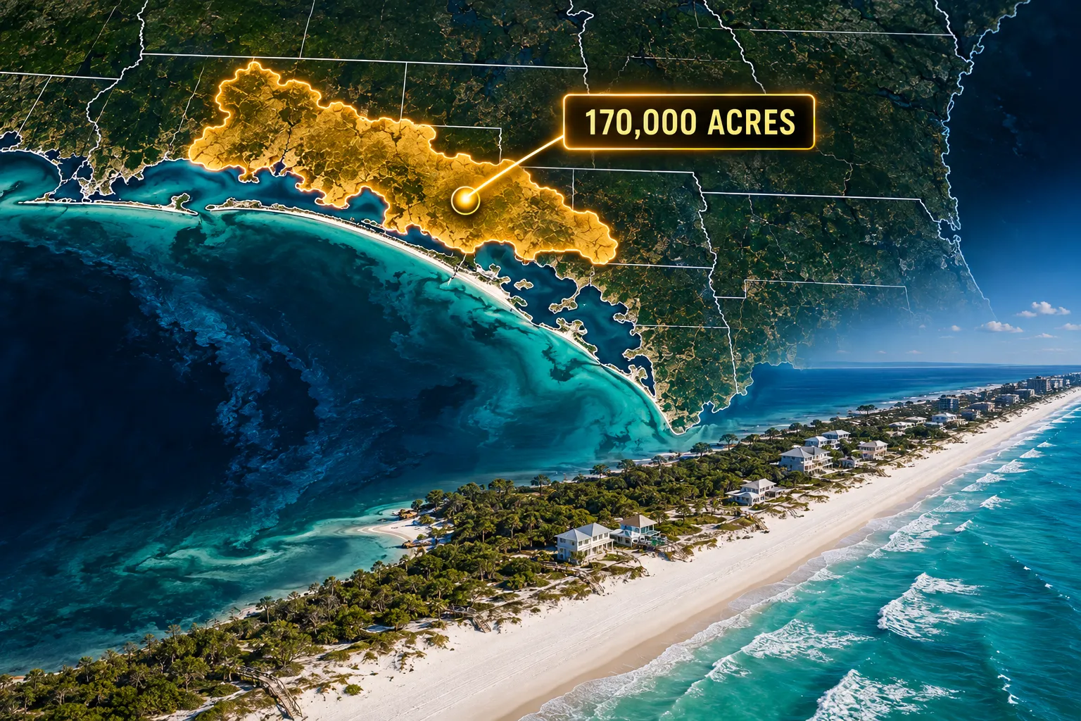 Map of the Florida Panhandle with about 170,000 acres highlighted in gold, beside an aerial view of the Gulf coast